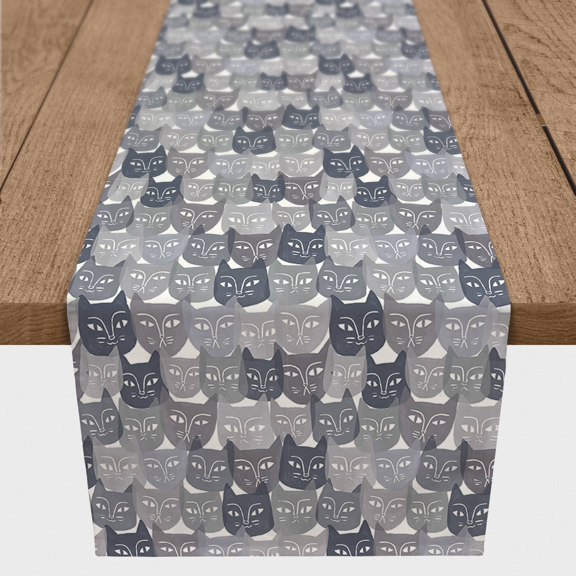 Gray Cat Face Pattern 16" x 90" Cotton Twill Runner